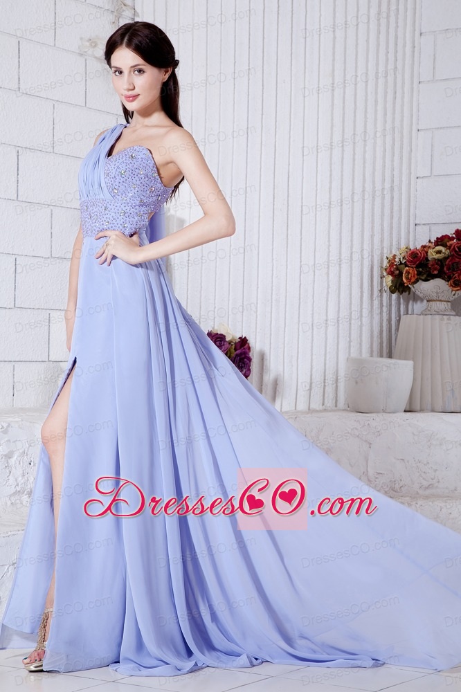 Lilac Empire One Shoulder Prom / Evening Dress Watteau Train Chiffon Beading