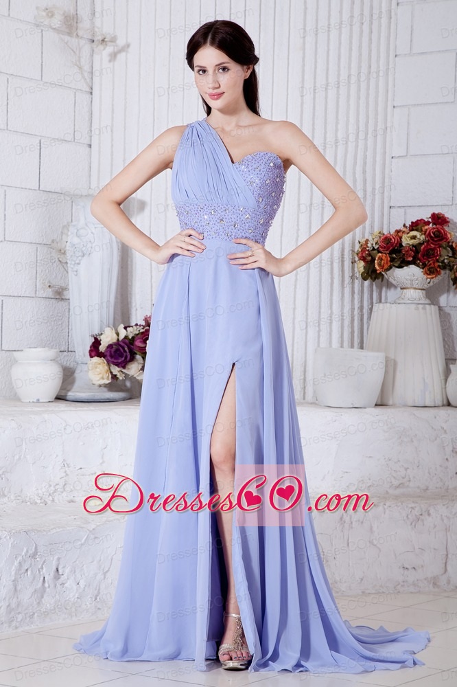 Lilac Empire One Shoulder Prom / Evening Dress Watteau Train Chiffon Beading