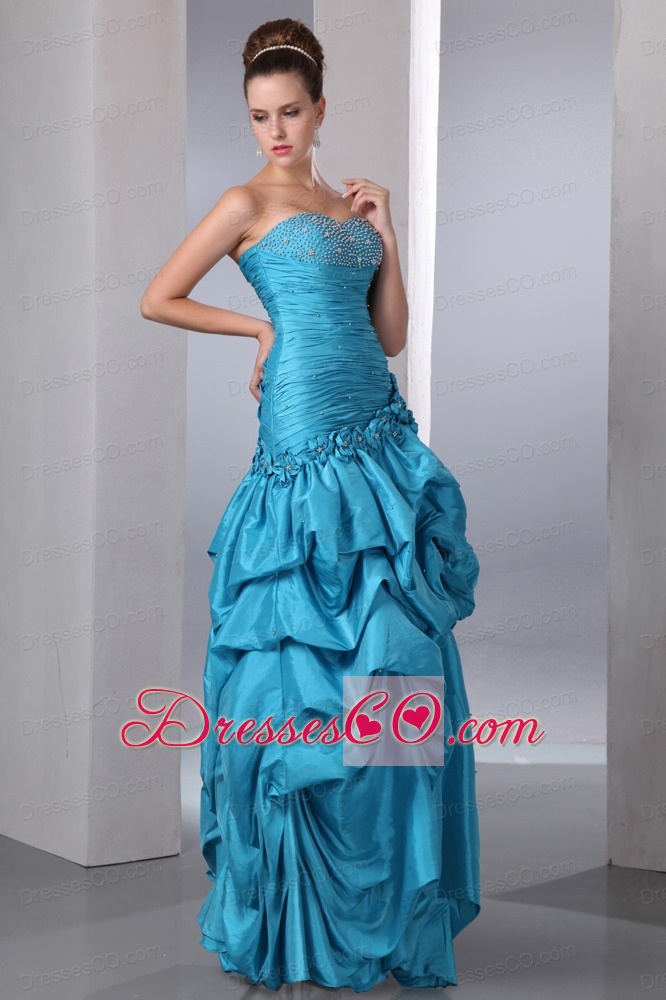 Blue Column Long Taffeta Beading And Pick-ups Prom Dress