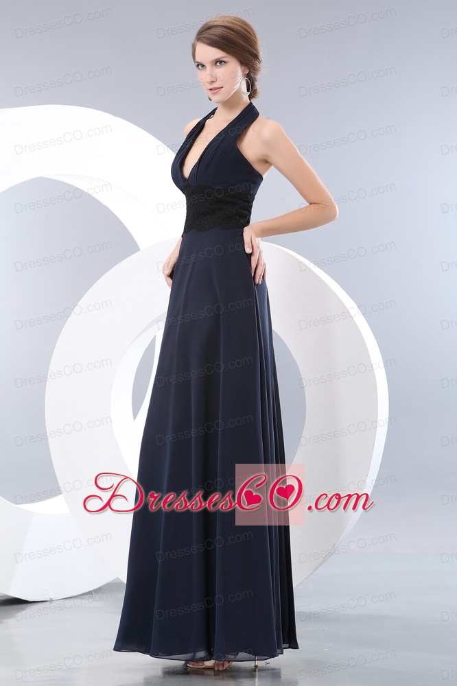 Elegant Navy Blue Empire Halter Lace Prom Dress Long Chiffon