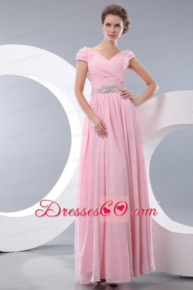 Sweet Baby Pink Empire V-neck Long Chiffon Beading Prom / Evening Dress
