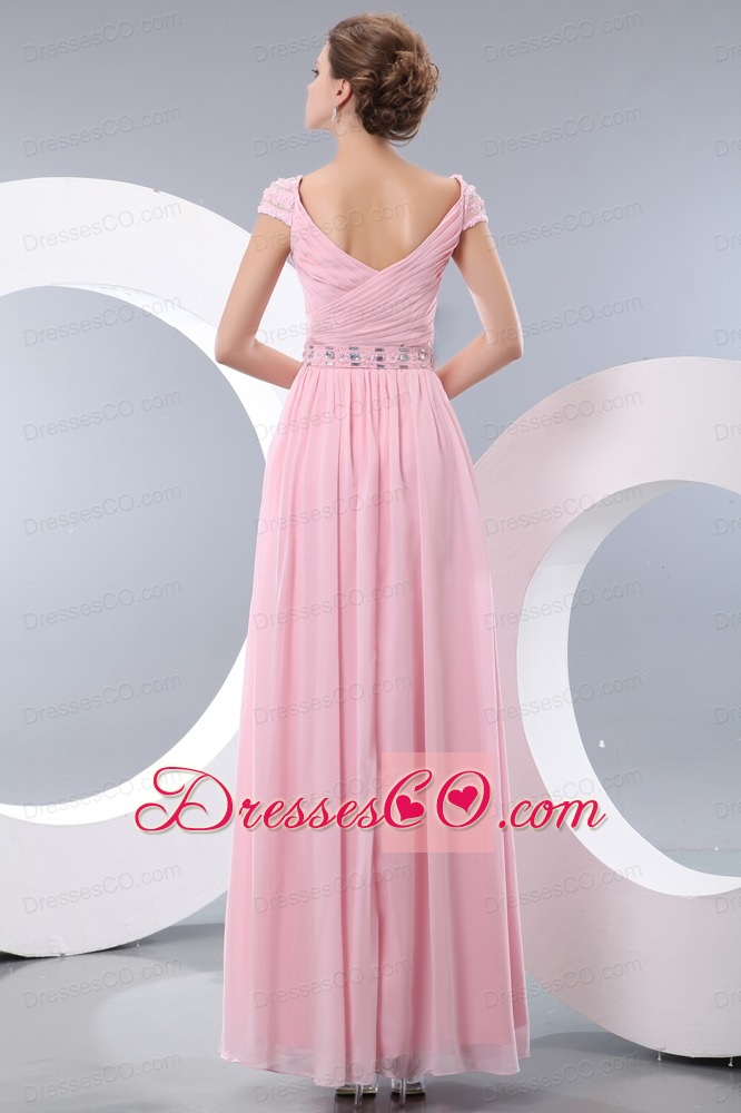 Sweet Baby Pink Empire V-neck Long Chiffon Beading Prom / Evening Dress