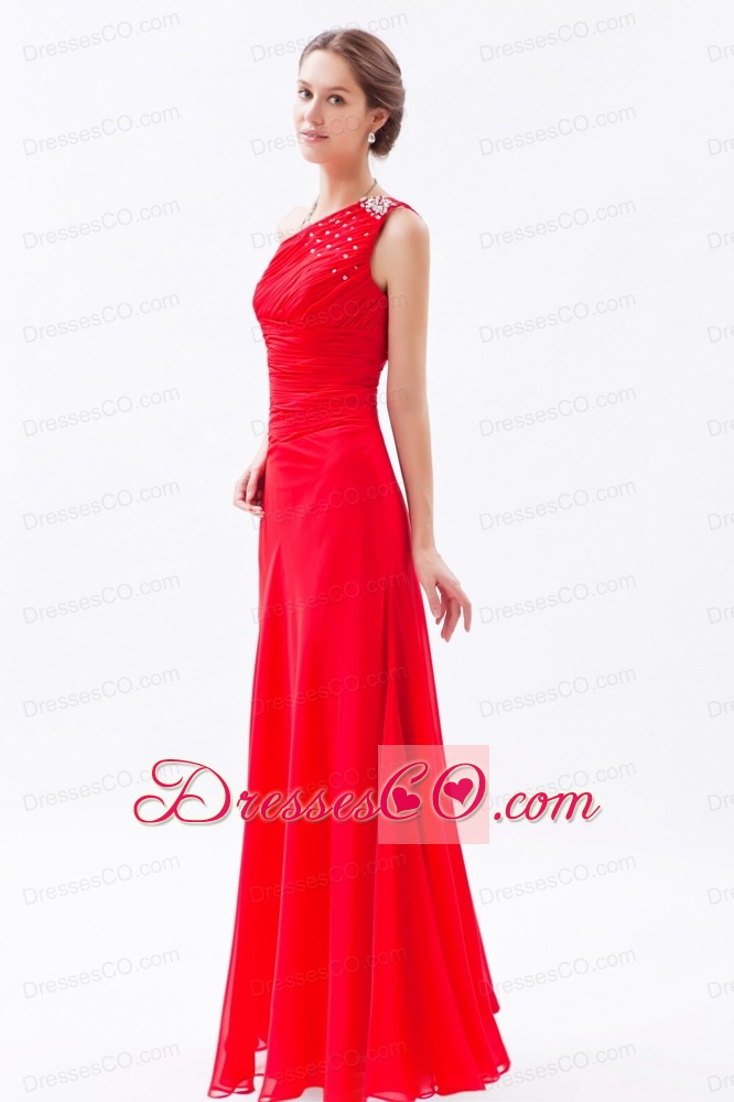 Red Column / Sheath One Shoulder Prom Dress Beading Long