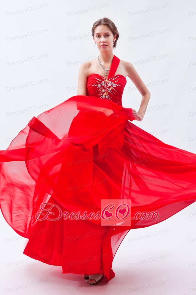Red Empire One Shoulder Prom Dress Beading Long Chiffon