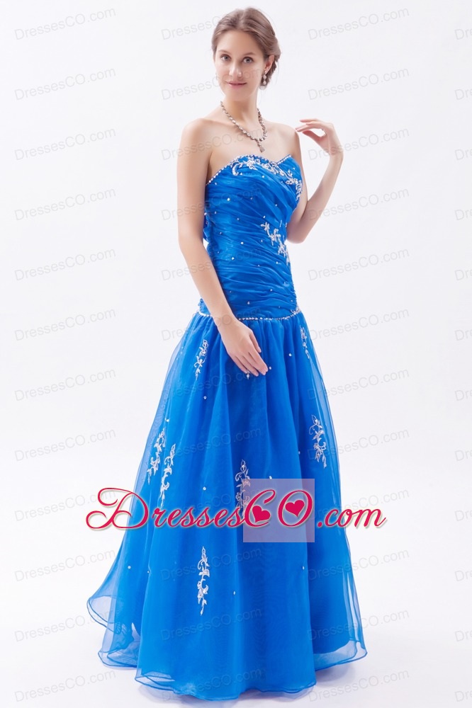 Blue A-line / Princess Prom Dress Organza Embroidery With Beading Long