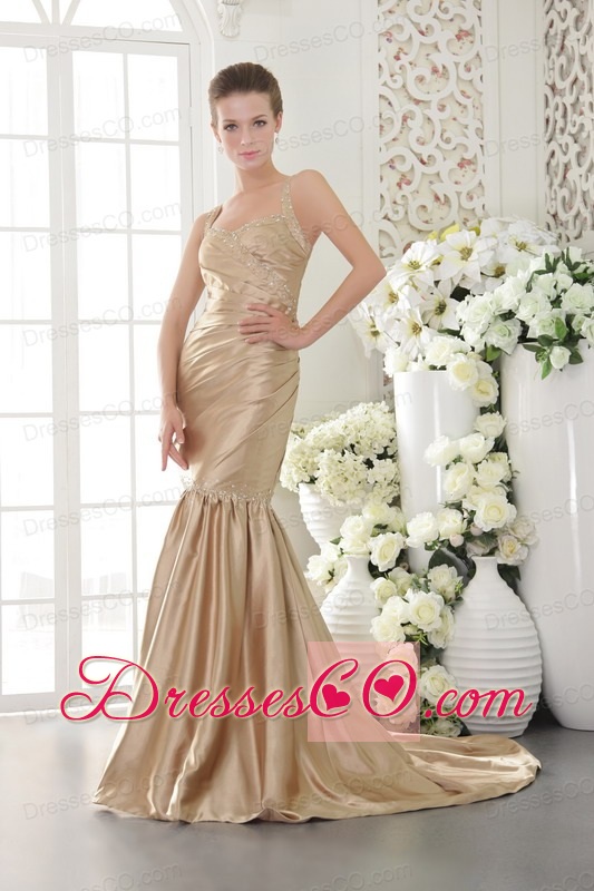 Champagne Mermaid Straps Brush Train Taffeta Beading Prom / Evening Dress