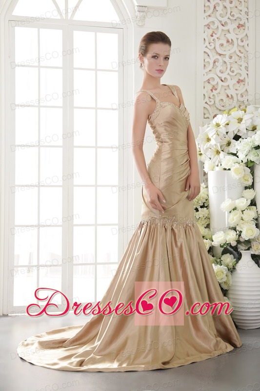 Champagne Mermaid Straps Brush Train Taffeta Beading Prom / Evening Dress