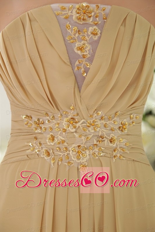 Gold Empire Strapless Brush Train Chiffon Appliques and Ruched Prom / Graduation Dress