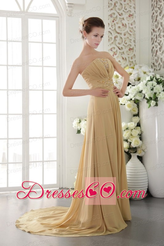 Gold Empire Strapless Brush Train Chiffon Appliques and Ruched Prom / Graduation Dress