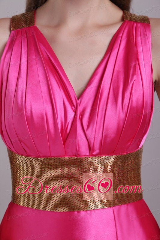 Hot Pink Empire V-neck Long Taffeta Sash Prom / Evening Dress