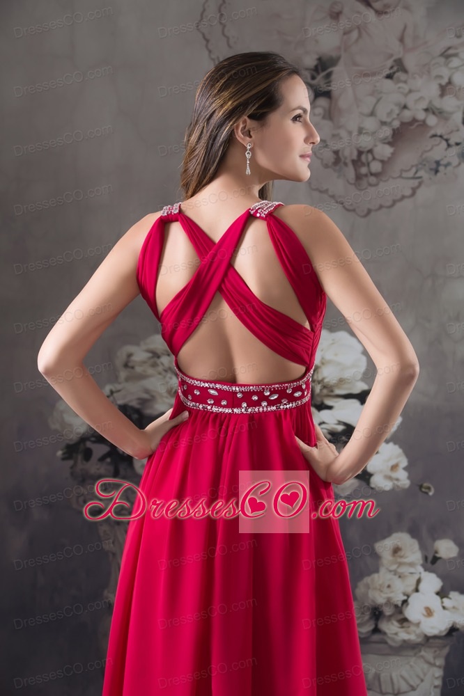 Red V-neck Empire long Criss Cross Beading Prom Dress