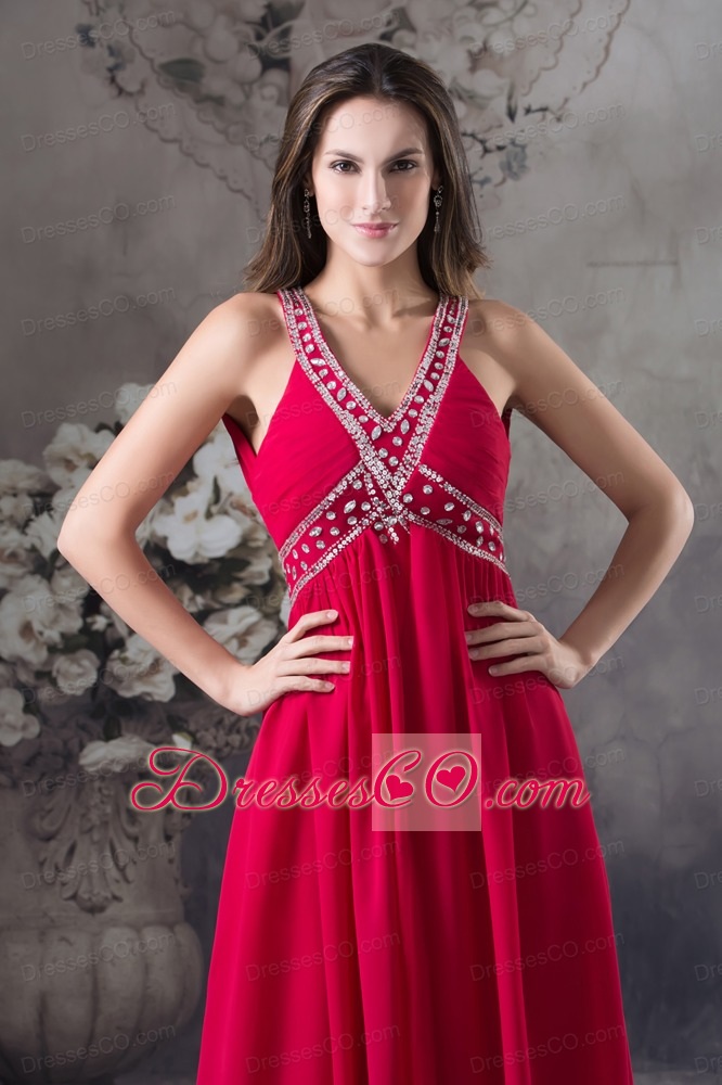 Red V-neck Empire long Criss Cross Beading Prom Dress