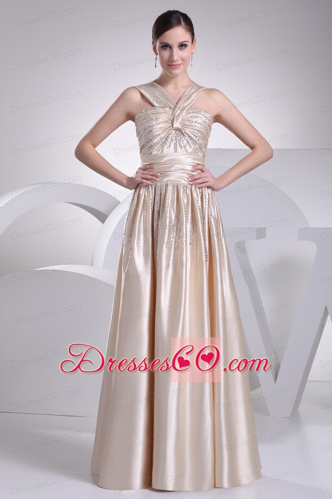 A-line Straps Beading  Champagne Ruched Prom Dress