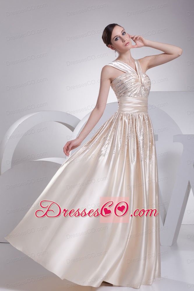 A-line Straps Beading  Champagne Ruched Prom Dress