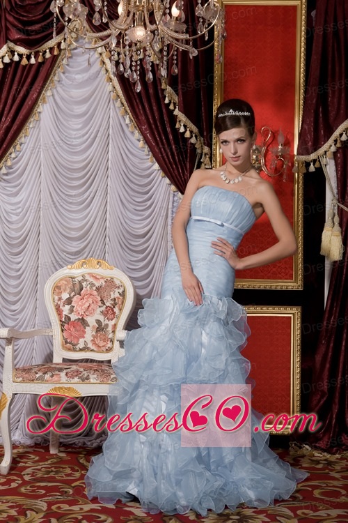 Baby Blue Prom / Evening Dress Mermaid Strapless Organza Belt And Ruffles Long