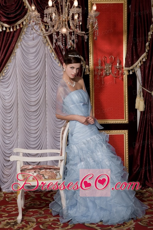 Baby Blue Prom / Evening Dress Mermaid Strapless Organza Belt And Ruffles Long