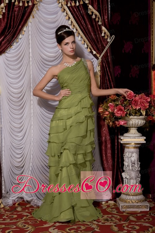 Olive Green Empire One Shoulder Brush Train Chiffon Beading Prom / Evening Dress