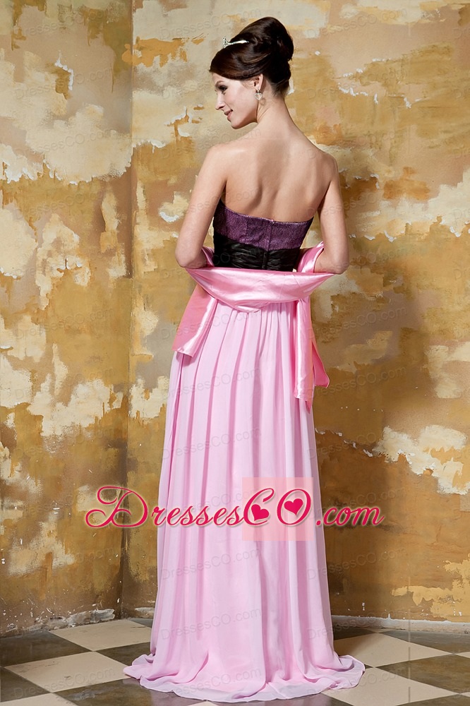 Pink and Black Column Brush Train Chiffon Hand Made Flower Prom Dress
