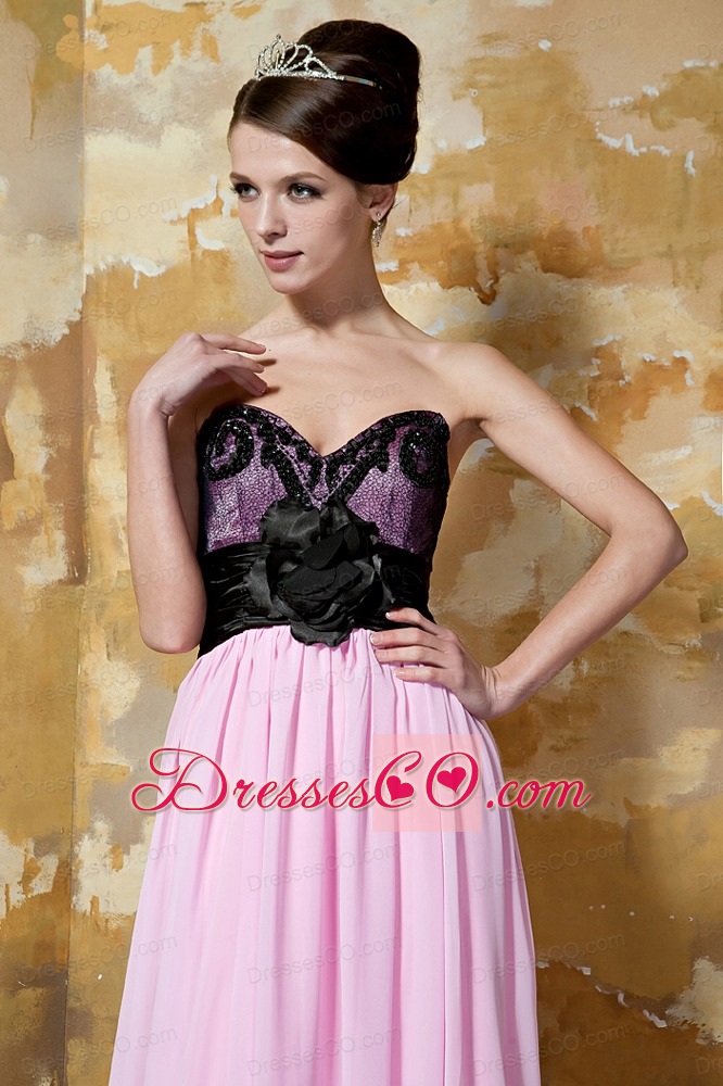 Pink and Black Column Brush Train Chiffon Hand Made Flower Prom Dress