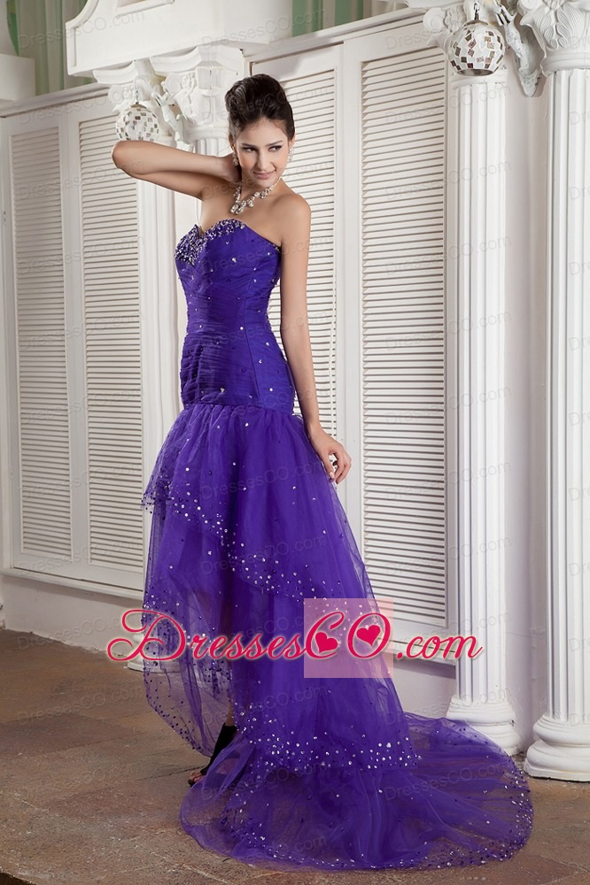 Custom Made Purple Mermaid High-low Prom Dress Tulle Beading