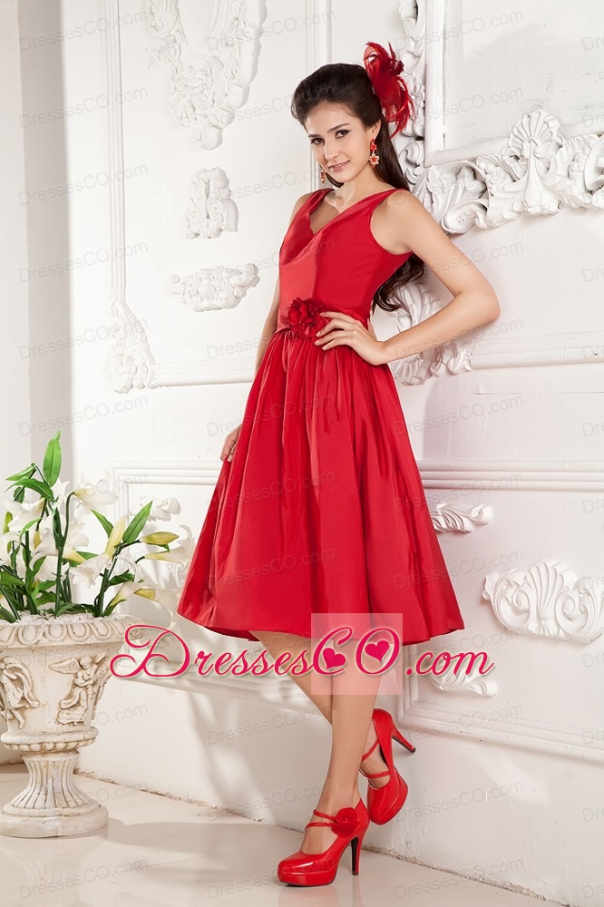 Red Prom Dress Under 100 A-line V-neck Knee-length Taffeta Hand Made Flowers