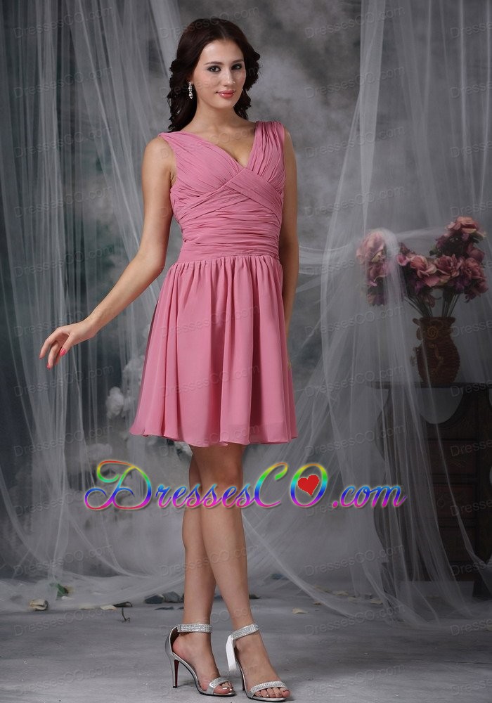 Roes Pink Empire V-neck Mini-length Chiffon Ruched Bridesmaid Dress