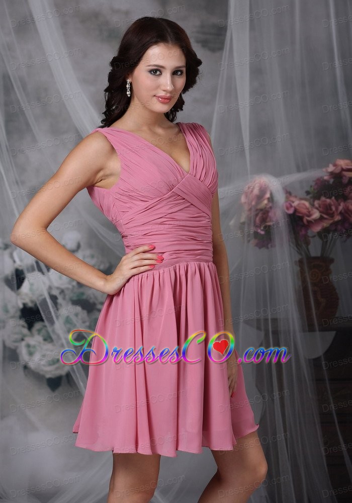 Roes Pink Empire V-neck Mini-length Chiffon Ruched Bridesmaid Dress