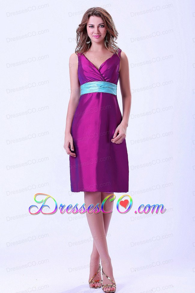Purple V-neck Prom / Homecoming Dress With Blue Belt Knee-length Taffeta
