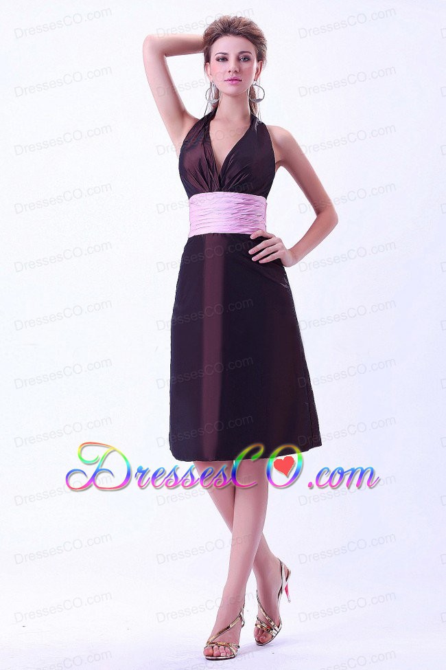 Halter Brown Prom Dress With Pink Belt Knee-length Taffeta