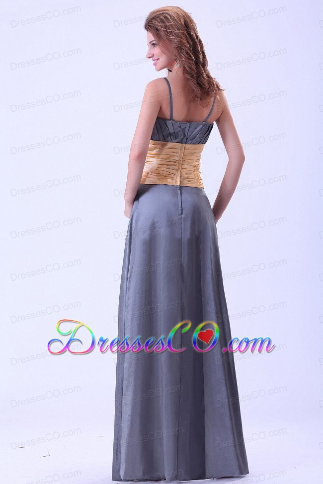 Dark Grey Prom Dress With Ruching Spaghetti Straps Long
