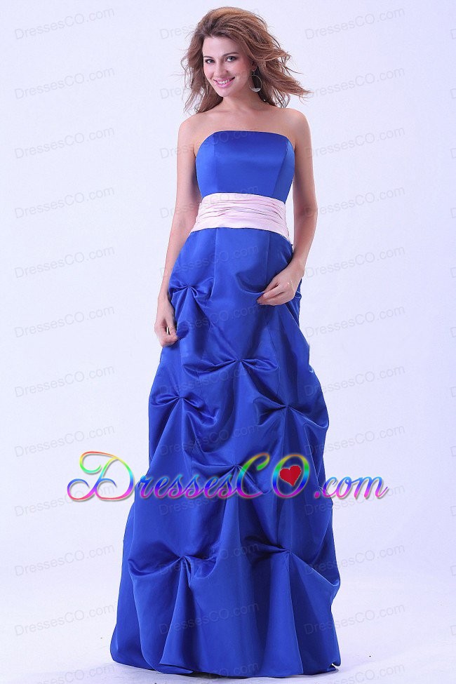 Blue Custom Made Prom Dress Wth Pink Sash And Pick-ups Long