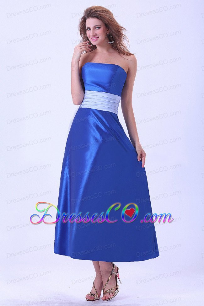 Royal Blue Bridemaid Dress With Sash Tea-length Taffeta