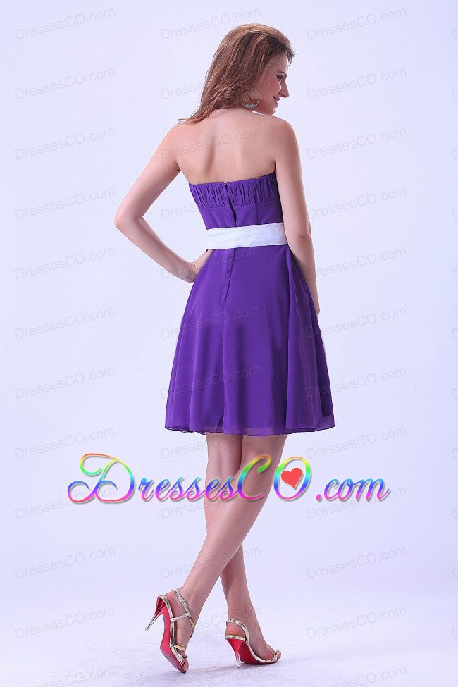 Purple Prom / Homecoming Dress With White Sash Chiffon Knee-length