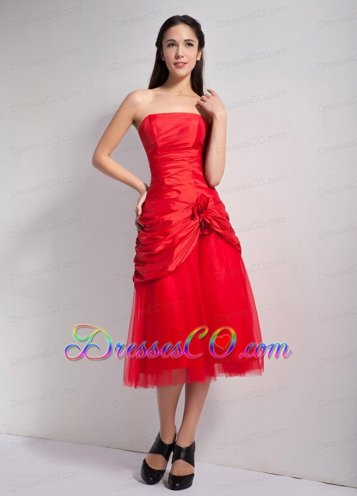 Customize Red A-line Strapless Hand Made Flowers Prom Dress Tea-length Taffeta And Tulle