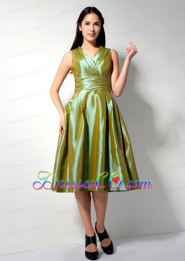Customize Olive Green A-line V-neck Bridesmaid Dress Tea-length Ruched Taffeta