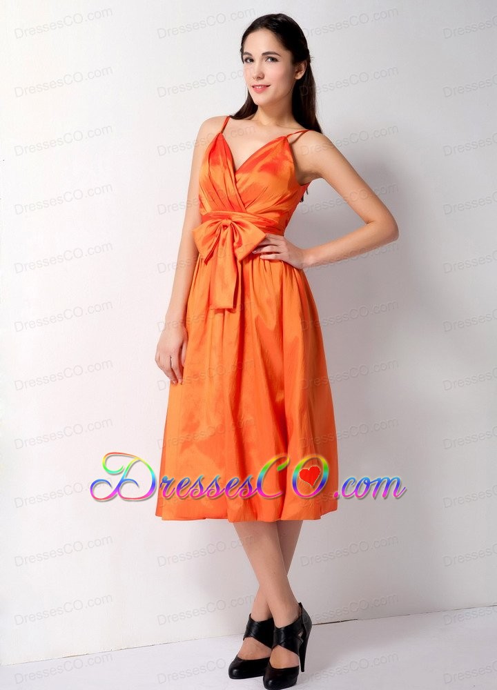 Customize Orange A-line Spaghetti Straps Bow Bridesmaid Dress Tea-length Taffeta
