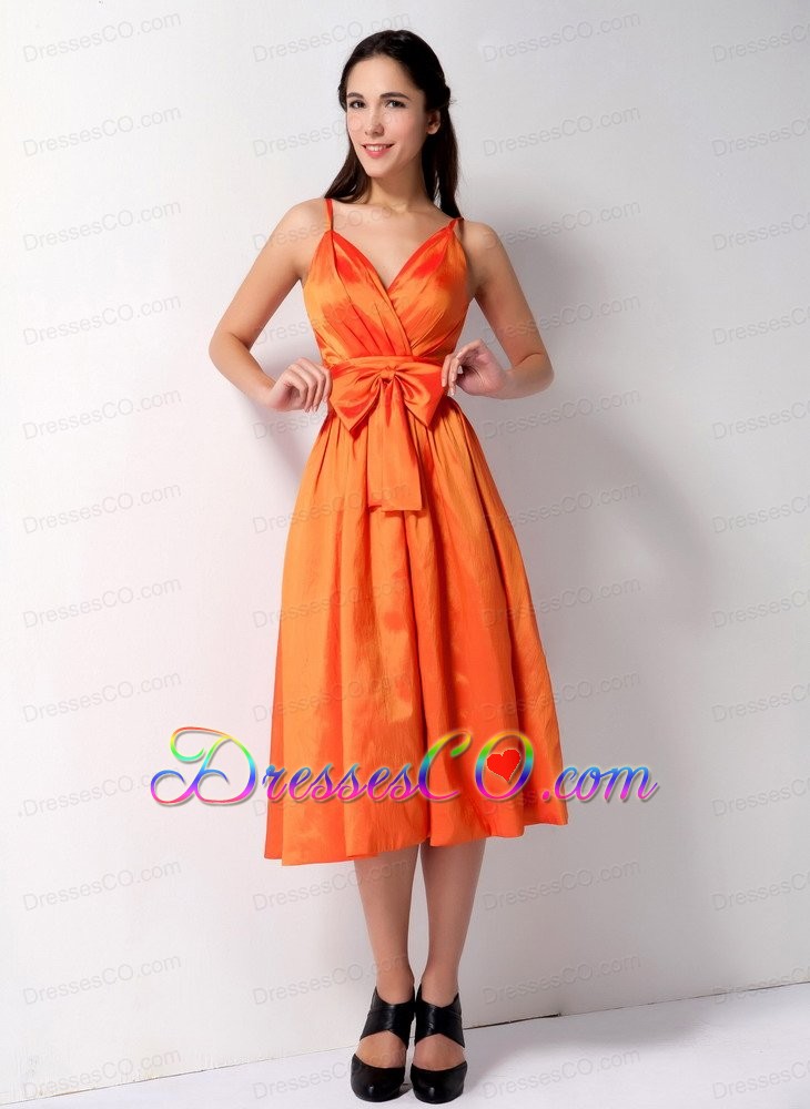 Customize Orange A-line Spaghetti Straps Bow Bridesmaid Dress Tea-length Taffeta