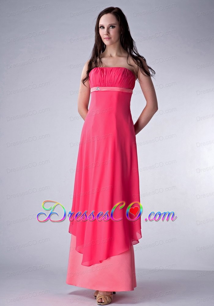 Hot Red And Watermenlon Column Strapless Bridesmaid Dress Chiffon And Satin Ruched Ankle-length