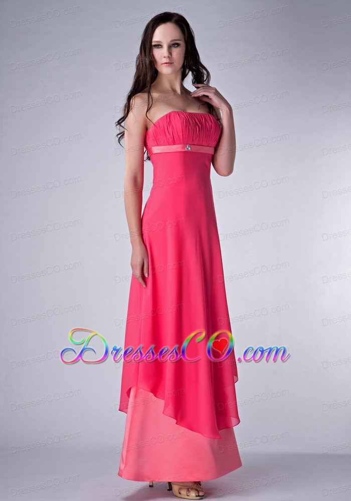 Hot Red And Watermenlon Column Strapless Bridesmaid Dress Chiffon And Satin Ruched Ankle-length