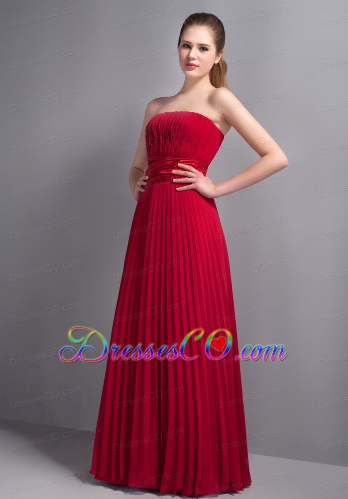 Romantic Red Empire Strapless Bridesmaid Dress Chiffon Pleat Long