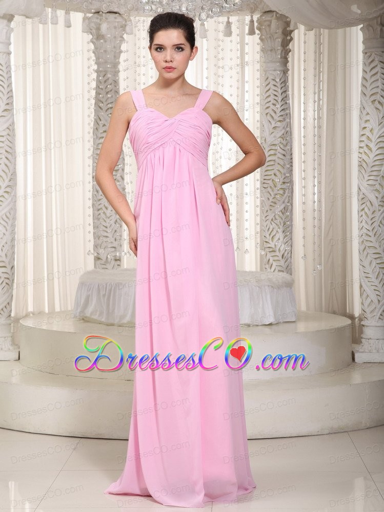 Baby Pink Empire Straps Long Chiffon Ruched Prom Dress