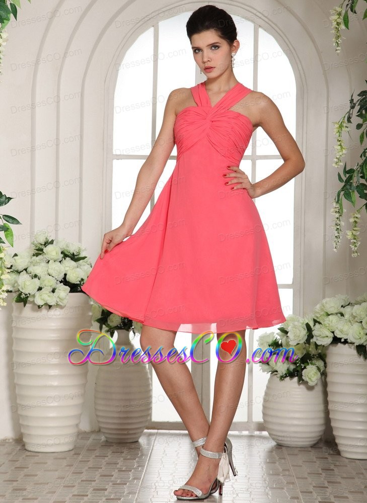 Custom Made V-neck Watermelon Ruched Decorate Bust Bridesmaid Dress