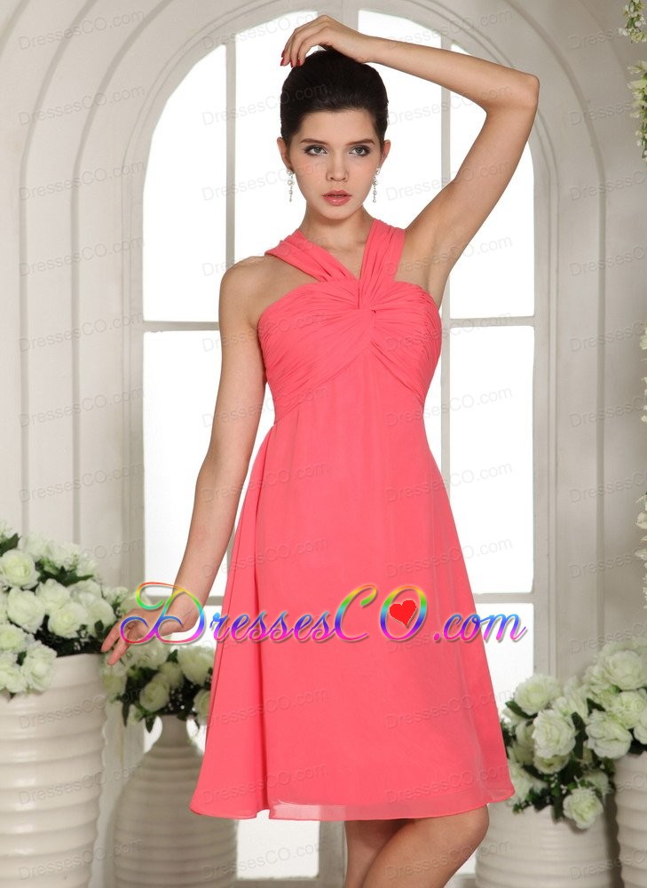 Custom Made V-neck Watermelon Ruched Decorate Bust Bridesmaid Dress