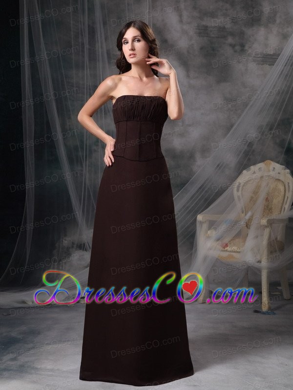 Brown Column Strapless Long Satin Ruched Mother Of Brides Dress
