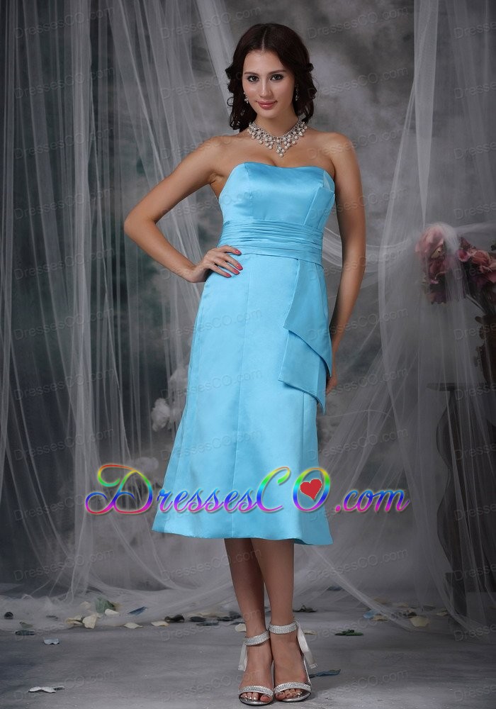 Aqua Blue Column Strapless Tea-length Taffeta Ruched Bridesmaid Dress