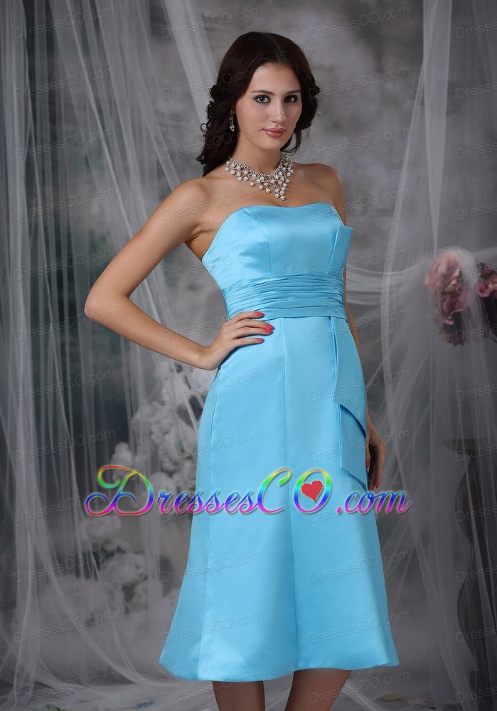 Aqua Blue Column Strapless Tea-length Taffeta Ruched Bridesmaid Dress