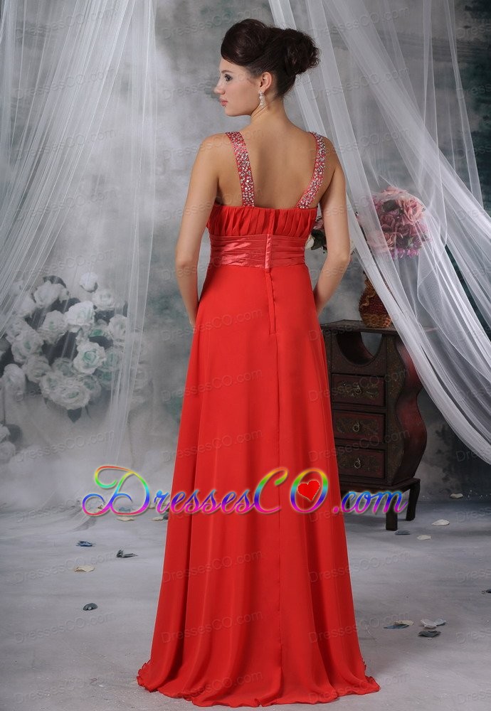 Beaded Decorate Straps Ruched Bodice Red Chiffon Long For Bridesmaid Dress