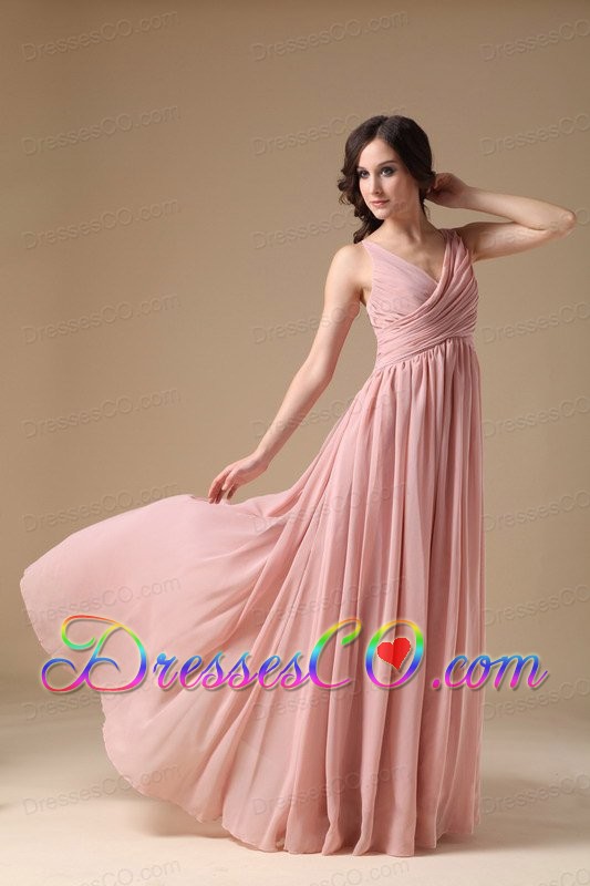 Elegant Peach Pink V-neck Bridesmaid Dress Chiffon Ruche