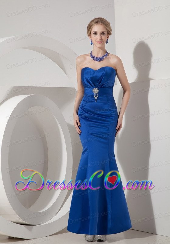Modest Royal Blue Evening Dress Mermaid Elastic Woven Satin Beading Ankle-length