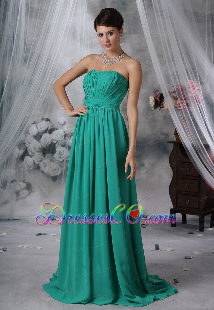 Ruched Decorate Bodice Brush Train Turquoise Blue Chiffon Strapless Plus Size Bridesmaid Dress For 2013